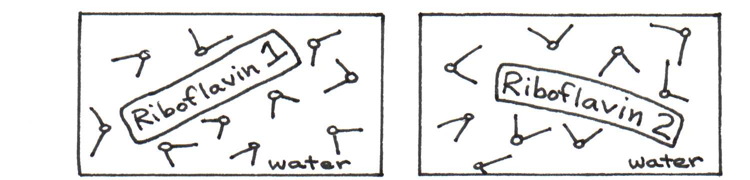 Riboflavin in water with mostly oxygen toward riboflavin (left) and mostly hydrogen toward riboflavin (right).