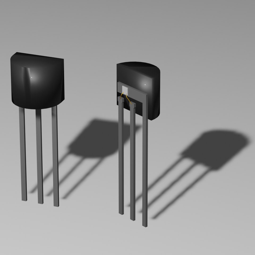 Model of a TO-92 package, commonly used for small bipolar transistors.