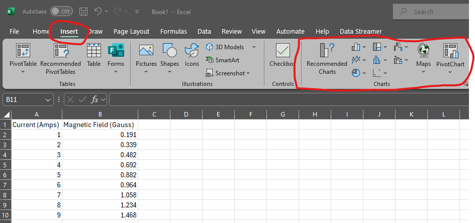 The Insert menu offers graphing options.