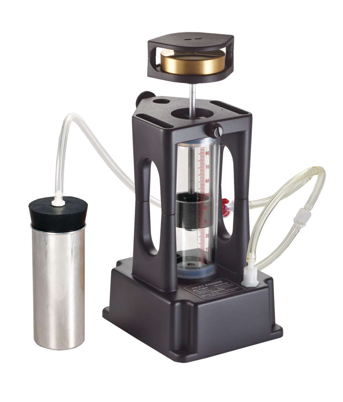 The heat engine you will use is a piston controlled by placing a can in hot or cold water. The piston moves freely from thermal energy. Make sure the can is tightly sealed, and never immerse the cylinder completely.