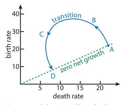 Schematic of how the demographic transition may play out in the space plotted in [](#fig:population:birthtodeathrates) At points A and D, birth rates and death rates are equal, resulting in no population growth. Typically, death rates decline while birth rates increase (point B), and eventually death rates reach a floor while birth rates begin to fall (at C).
