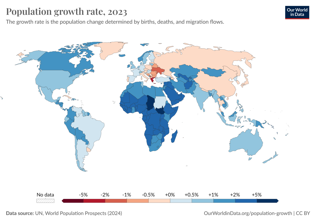 Net population growth rate by country: birth rate minus death rate per 1000 people per year. The highest net growth (darkest shading) is Niger, in Saharan Africa [@wikibirthrate; @wikideathrate].