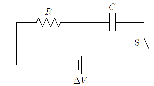 A simple circuit with a resistor, battery, and capacitor.