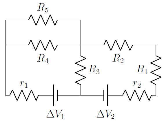 A circuit that can be simplified and then solved with Kirchhoff's rules.