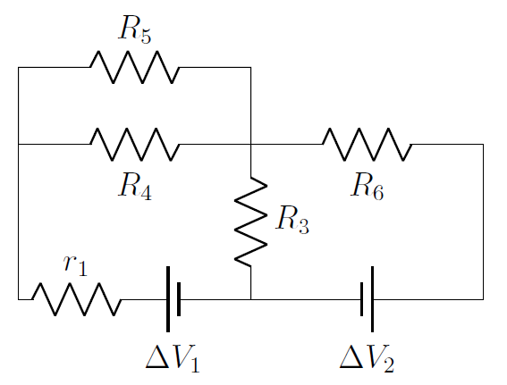 The resistors $r_2$, $R_1$ and $R_2$ in series from the circuit in [](#fig:circuits:bigcircuit) have been combined into the effective resistor, $R_6$, to simplify the circuit.