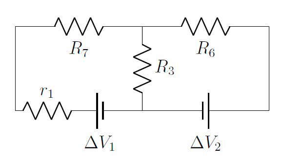 The resistors $R_4$ and $R_5$ in parallel from the circuit in [](#fig:circuits:bigcircuit_simp1) have been combined into the effective resistor, $R_7$, to simplify the circuit.