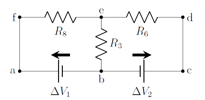 The resistors $r_1$ and $R_7$ from the circuit in [](#fig:circuits:bigcircuit_simp2) have been combined into an effective resistor, $R_8$, to simplify the circuit.