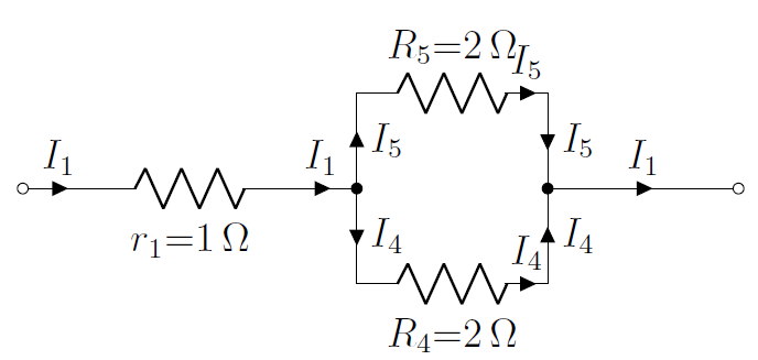 The components of the effective $R_8$ resistor from [](#fig:circuits:bigcircuit_vals_simp). The current, $I_1$, coming from the battery goes through $r_1$ and then splits up.