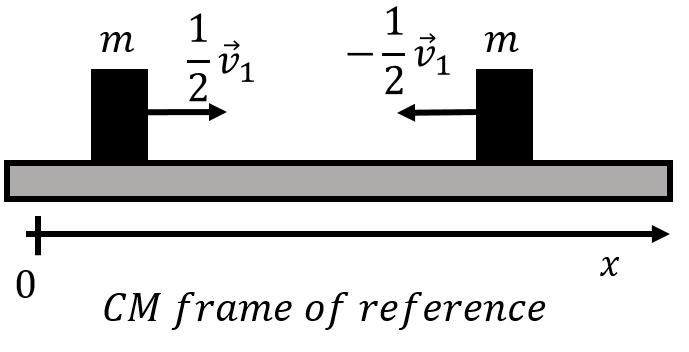 In the centre of mass frame of reference, the block approach each other with the same speed, because they have the same mass.