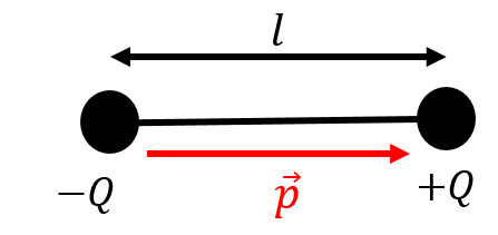 An electric dipole and its corresponding dipole vector, $\vec p$.