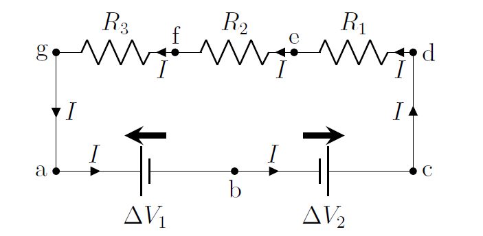 A loop with 2 batteries and 3 resistors.