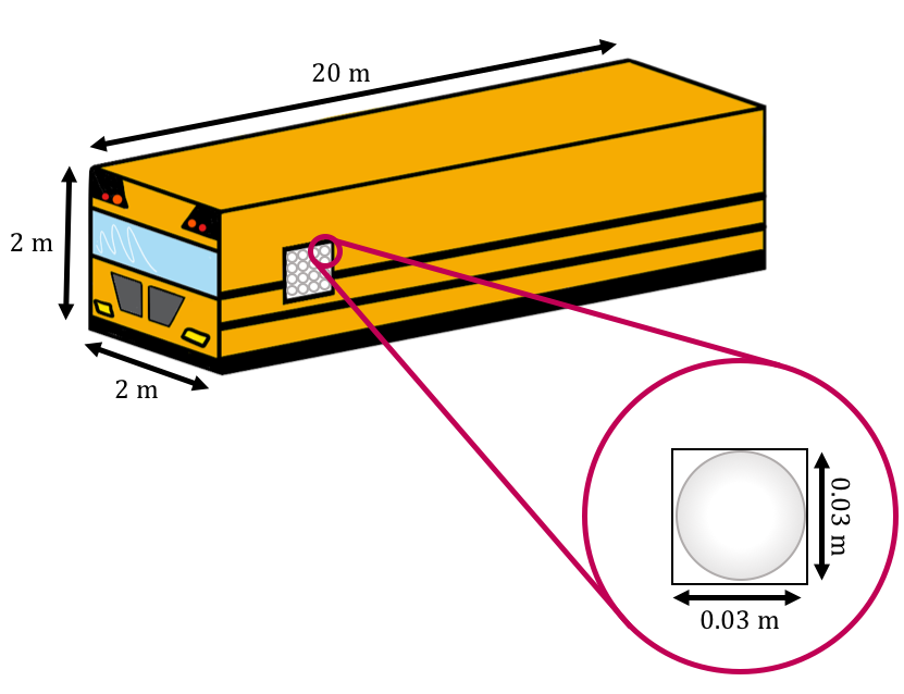 A school bus and ping pong balls modelled as boxes.