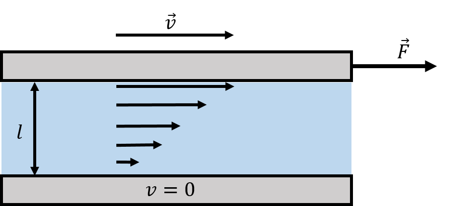 A fluid placed between a moving plate (top) and a fixed plate (bottom) in order to measure the viscosity of the fluid.