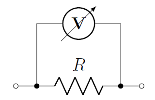 A voltmeter is placed in parallel with a resistor to measure the voltage across the resistor.